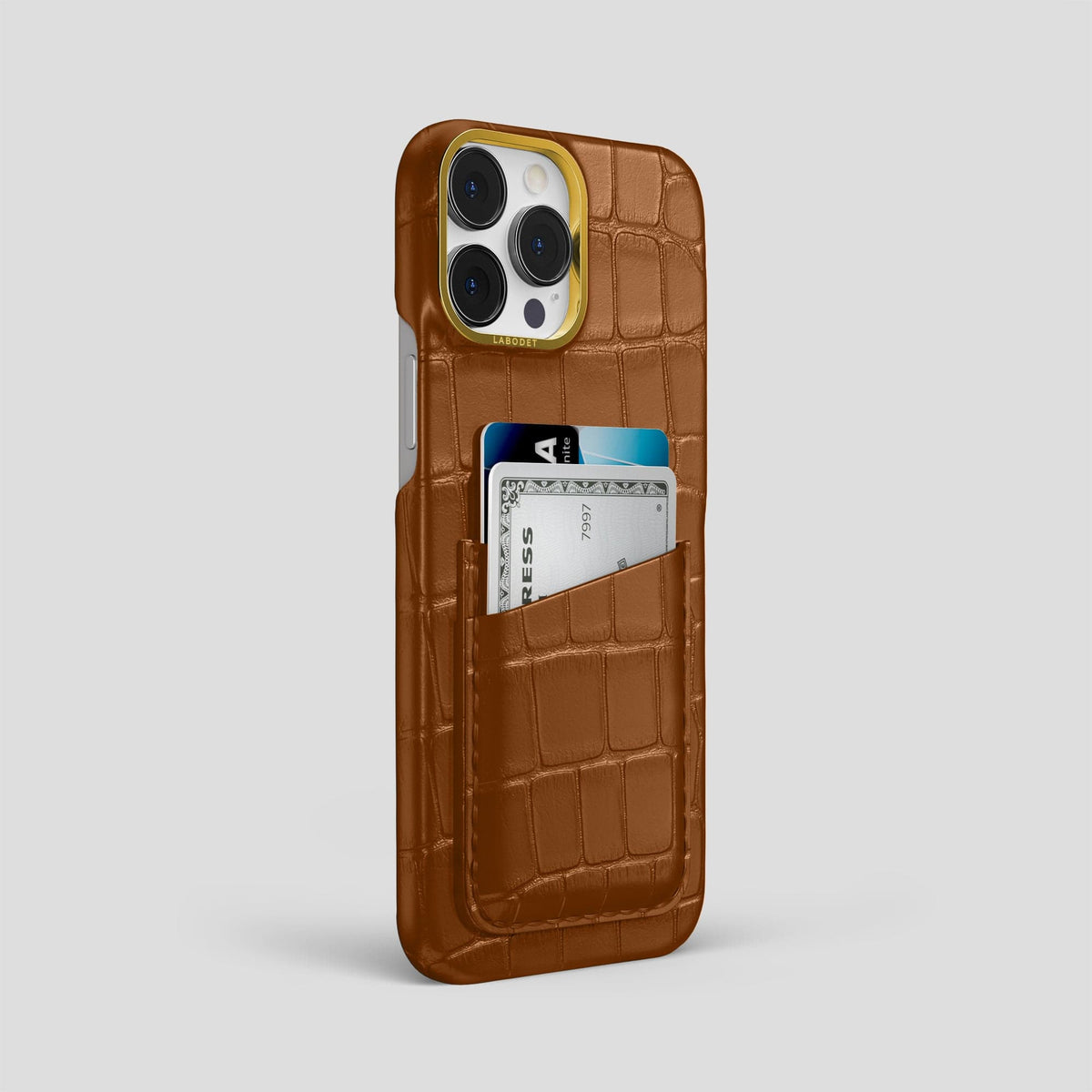 Honey iPhone 14 Pro Max Card Case Alligator with Gold Metal -2 | Honey-Gold