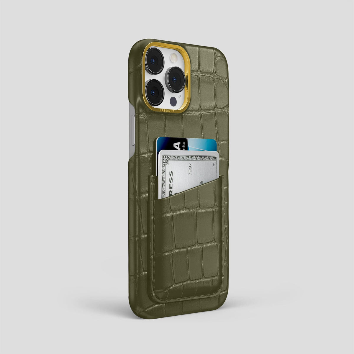Kaki-Green iPhone 14 Pro Max Card Case Alligator with Gold Metal -2 | Kaki-Green-Gold