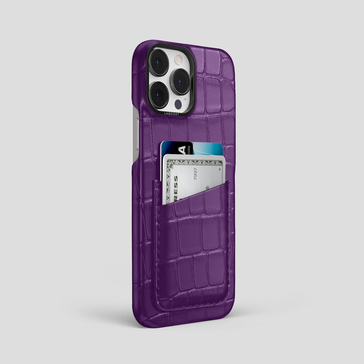Purple iPhone 14 Pro Max Card Case Alligator with Black Metal -2 | Purple-Black
