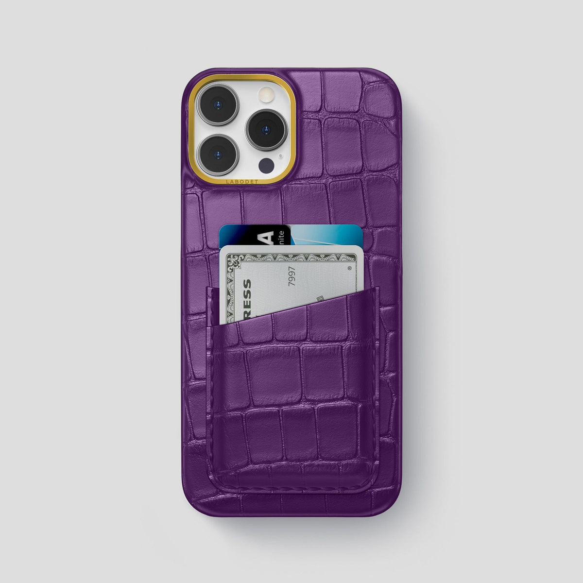 Purple iPhone 14 Pro Max Card Case Alligator with Gold Metal -1 | Purple-Gold