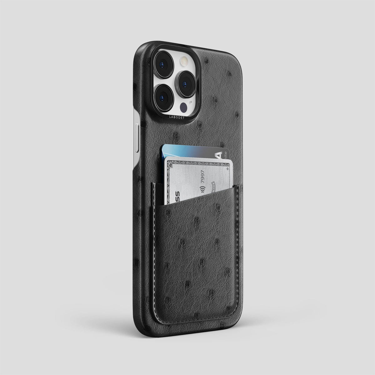 Black iPhone 14 Pro Max Card Case Ostrich with Black Metal -2 | Black-Black