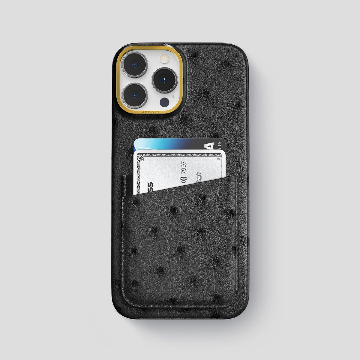 Black iPhone 14 Pro Max Card Case Ostrich with Gold Metal -1 | Black-Gold