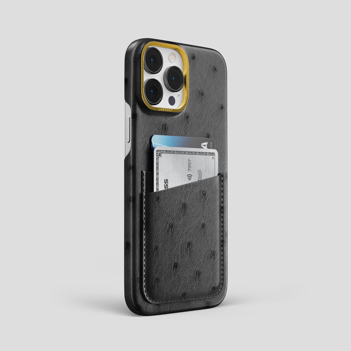 Black iPhone 14 Pro Max Card Case Ostrich with Gold Metal -2 | Black-Gold