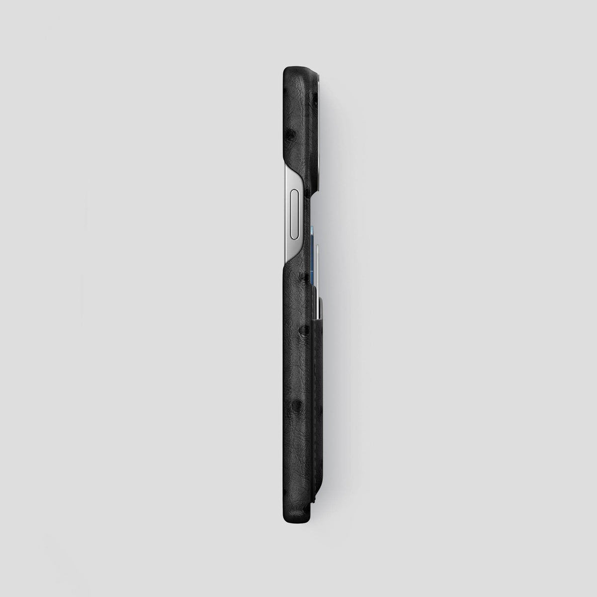 Black iPhone 14 Pro Max Card Case Ostrich with Steel Metal -3 | Black-Steel