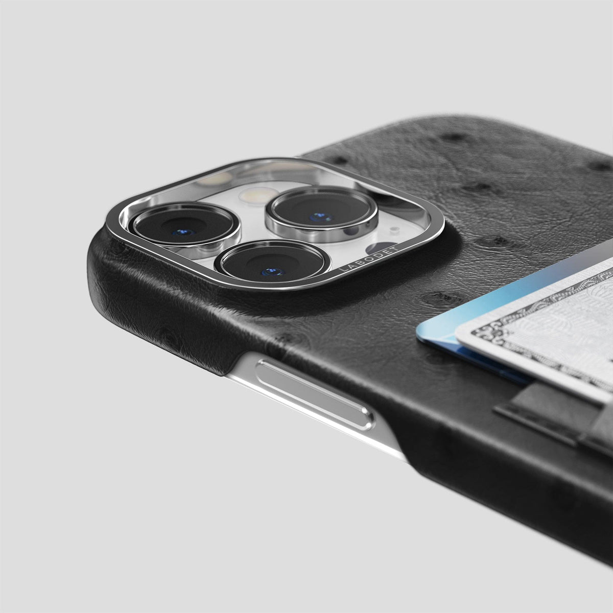 Black iPhone 14 Pro Max Card Case Ostrich with Steel Metal -5 | Black-Steel