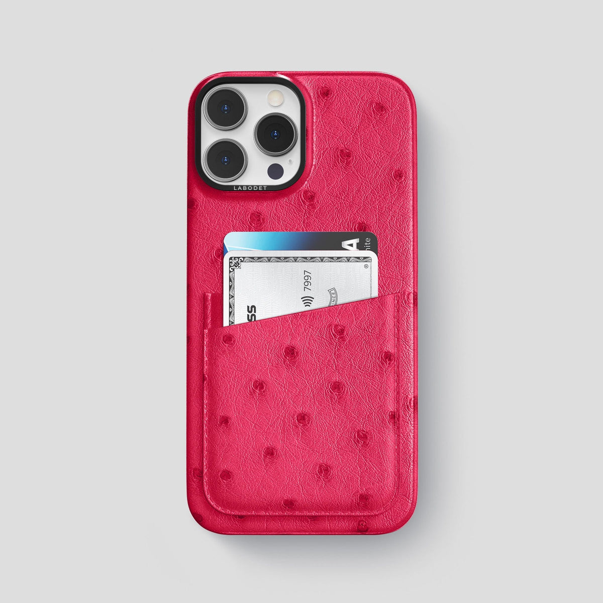 Bordeaux iPhone 14 Pro Max Card Case Ostrich with Black Metal -1 | Bordeaux-Black