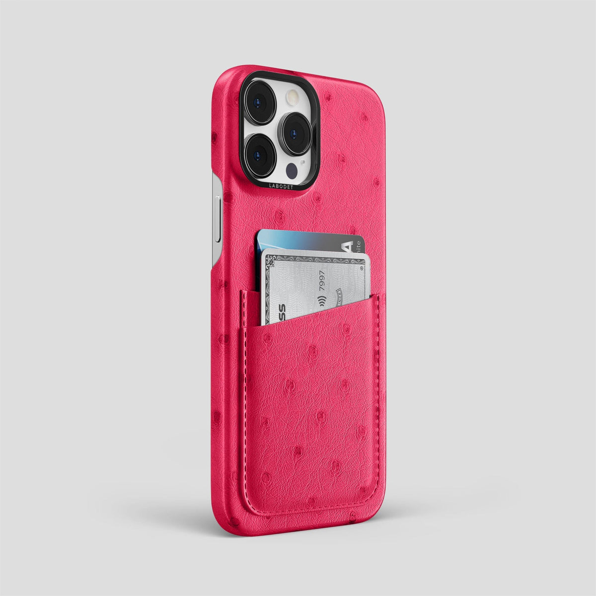 Bordeaux iPhone 14 Pro Max Card Case Ostrich with Black Metal -2 | Bordeaux-Black