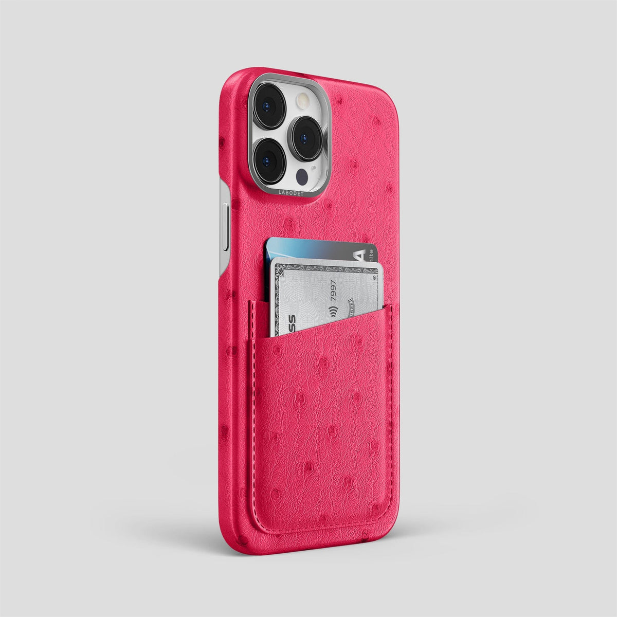 Bordeaux iPhone 14 Pro Max Card Case Ostrich with Steel Metal -2 | Bordeaux-Steel