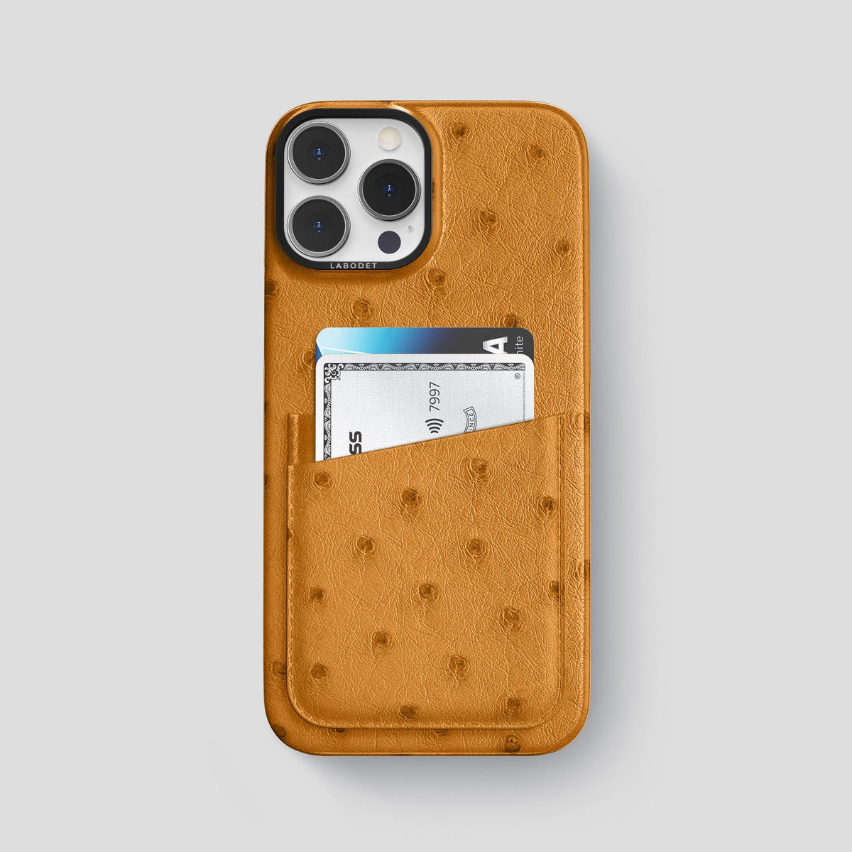 Chestnut iPhone 14 Pro Max Card Case Ostrich with Black Metal -1 | Chestnut-Black