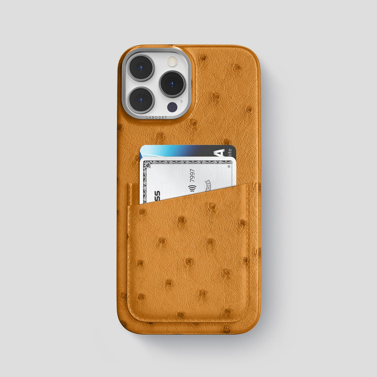 Chestnut iPhone 14 Pro Max Card Case Ostrich with Steel Metal -1 | Chestnut-Steel