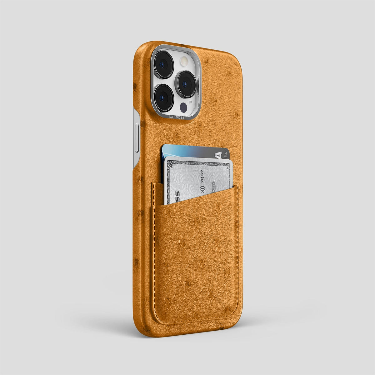 Chestnut iPhone 14 Pro Max Card Case Ostrich with Steel Metal -2 | Chestnut-Steel