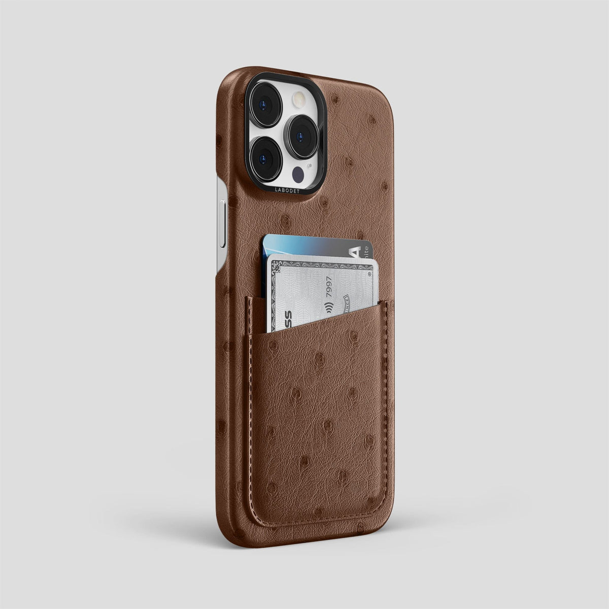 Chocolate iPhone 14 Pro Max Card Case Ostrich with Black Metal -2 | Chocolate-Black