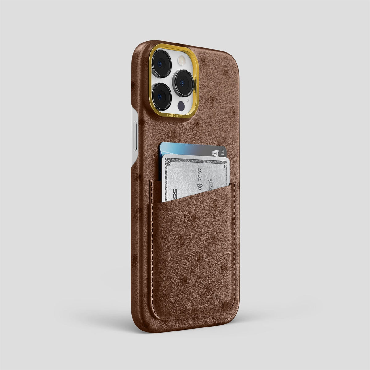 Chocolate iPhone 14 Pro Max Card Case Ostrich with Gold Metal -2 | Chocolate-Gold