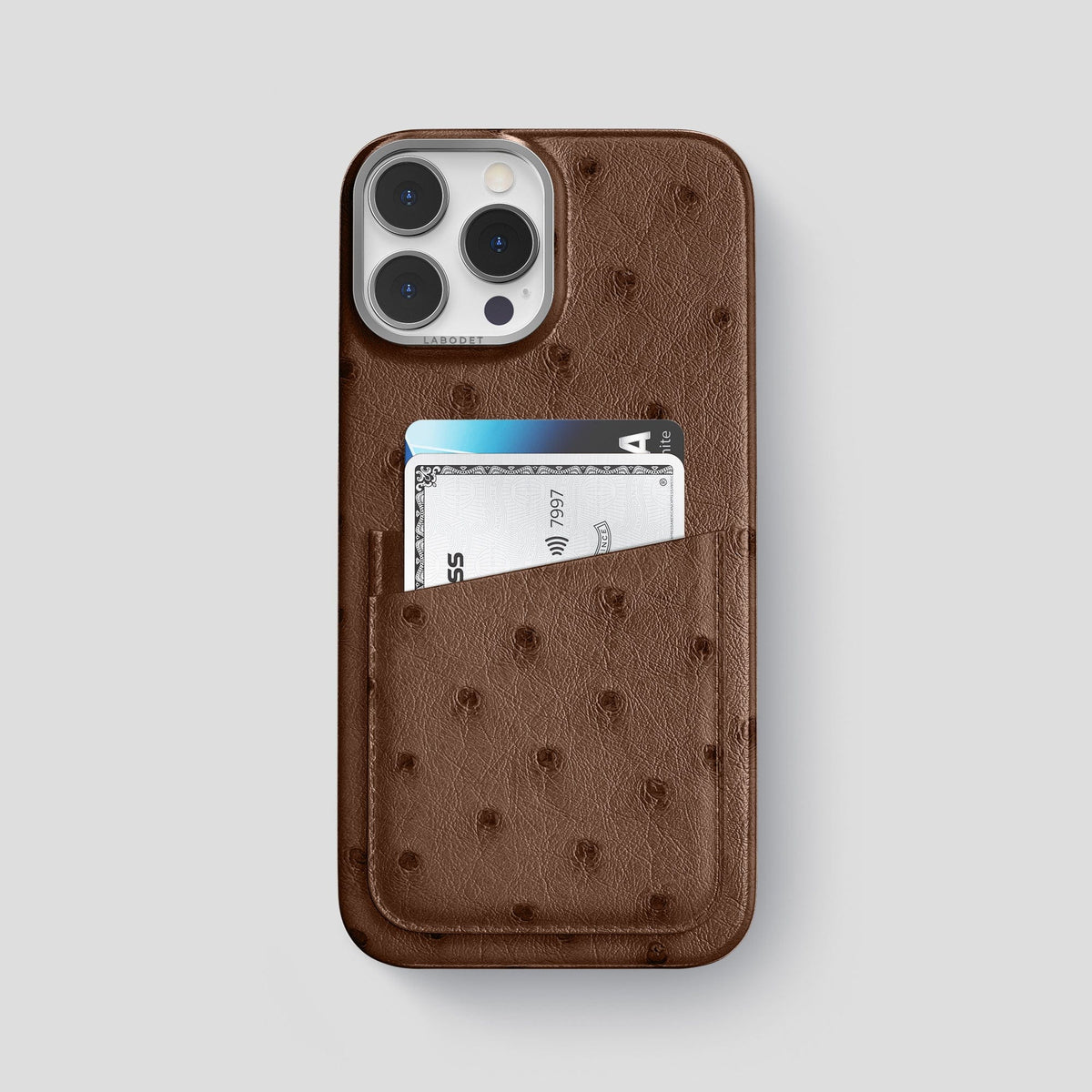 Chocolate iPhone 14 Pro Max Card Case Ostrich with Steel Metal -1 | Chocolate-Steel
