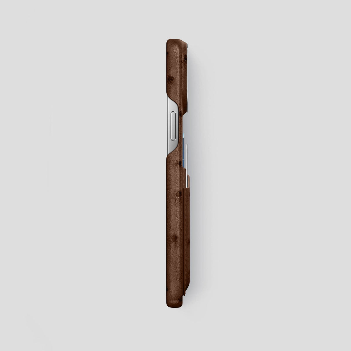 Chocolate iPhone 14 Pro Max Card Case Ostrich with Steel Metal -3 | Chocolate-Steel