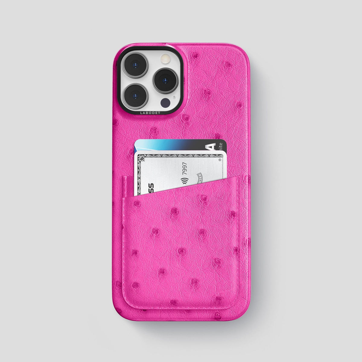 Fuchsia iPhone 14 Pro Max Card Case Ostrich with Black Metal -1 | Fuchsia-Black