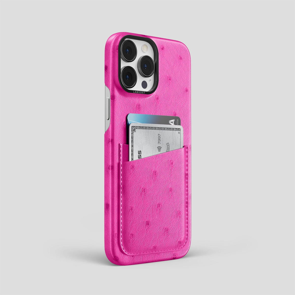 Fuchsia iPhone 14 Pro Max Card Case Ostrich with Black Metal -2 | Fuchsia-Black