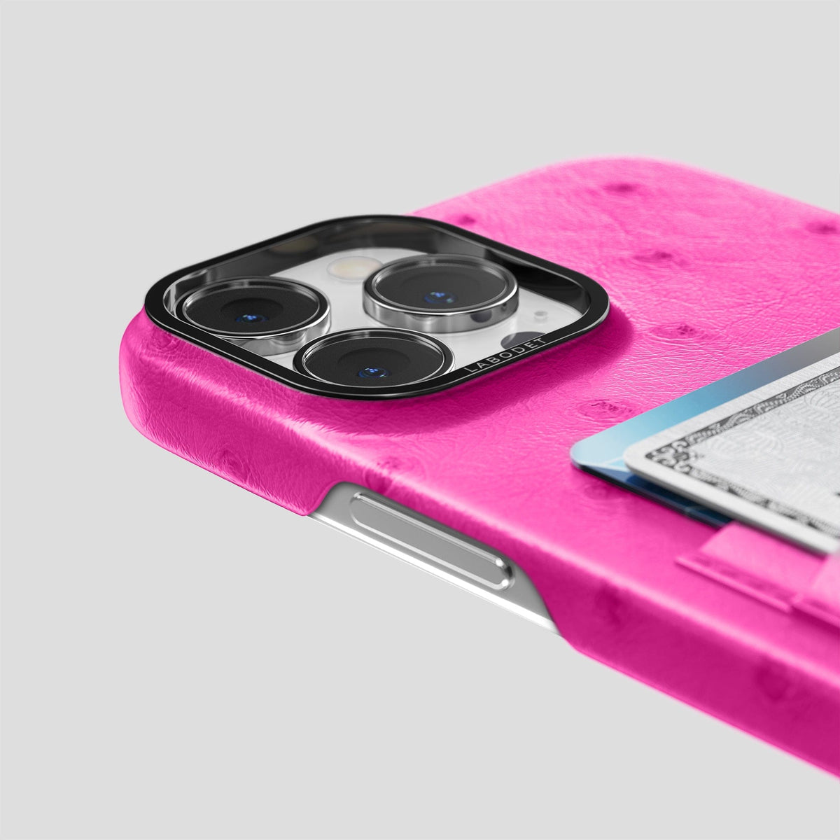 Fuchsia iPhone 14 Pro Max Card Case Ostrich with Black Metal -5 | Fuchsia-Black