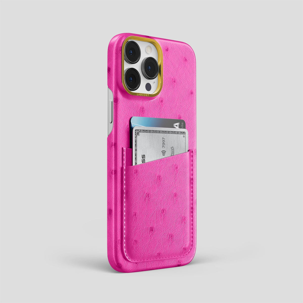 Fuchsia iPhone 14 Pro Max Card Case Ostrich with Gold Metal -2 | Fuchsia-Gold