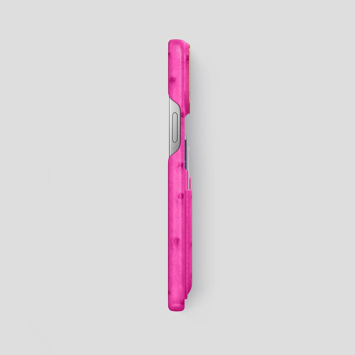 Fuchsia iPhone 14 Pro Max Card Case Ostrich with Gold Metal -3 | Fuchsia-Gold