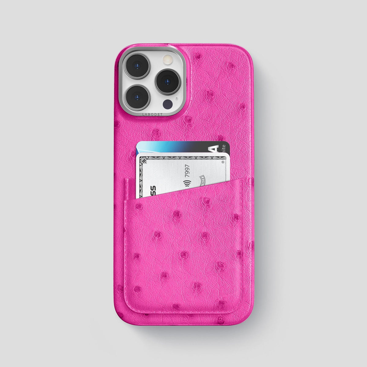 Fuchsia iPhone 14 Pro Max Card Case Ostrich with Steel Metal -1 | Fuchsia-Steel