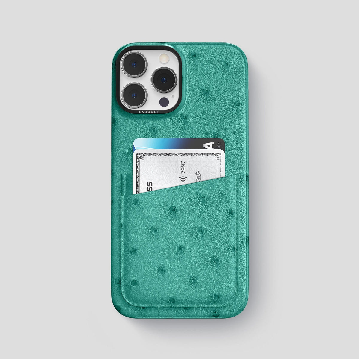 Turquoise iPhone 14 Pro Max Card Case Ostrich with Black Metal -1 | Turquoise-Black