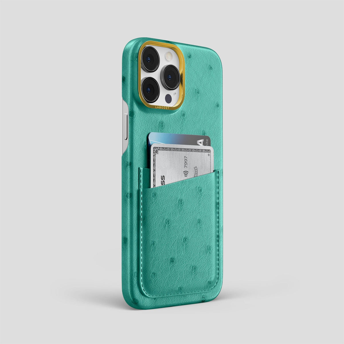 Turquoise iPhone 14 Pro Max Card Case Ostrich with Gold Metal -2 | Turquoise-Gold