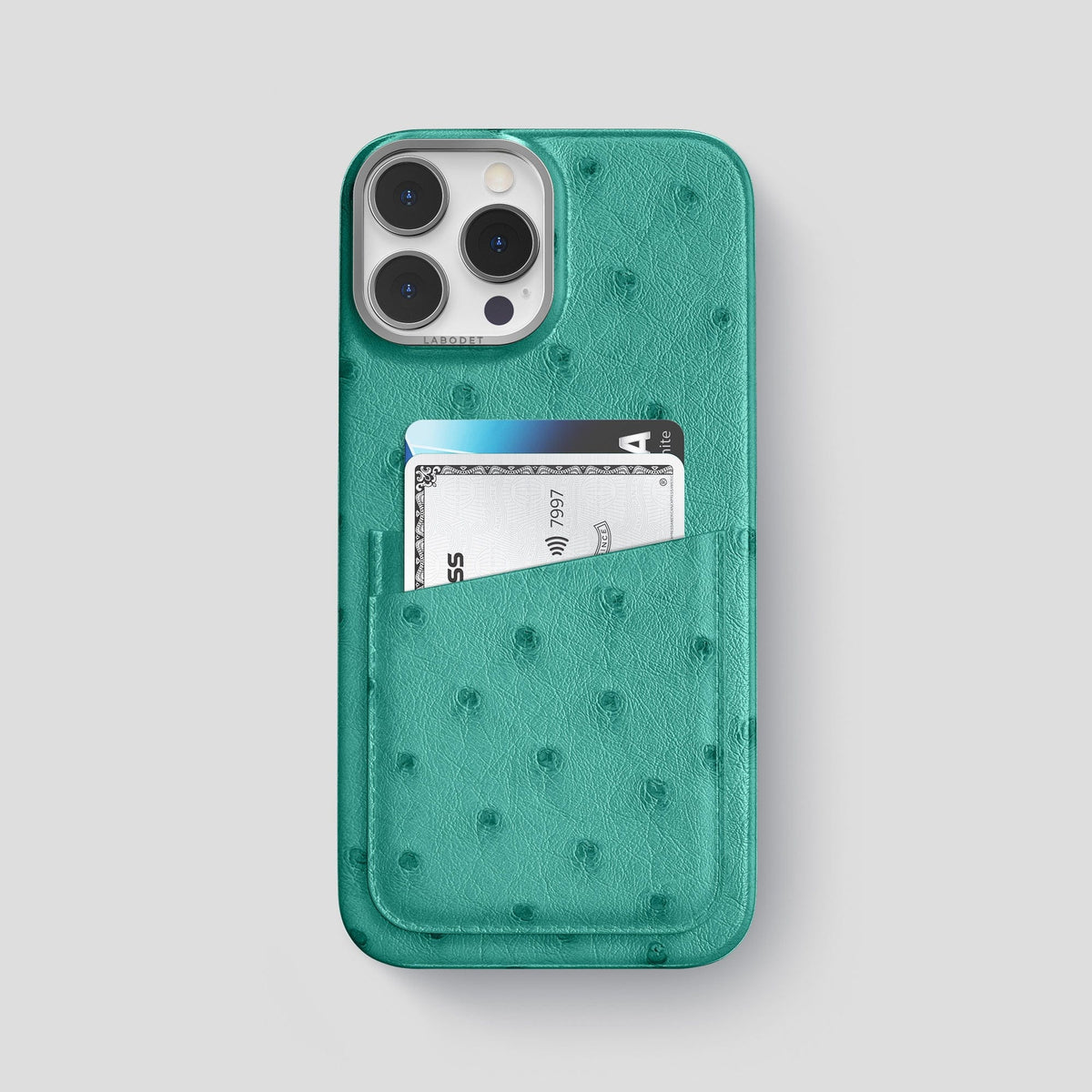 Turquoise iPhone 14 Pro Max Card Case Ostrich with Steel Metal -1 | Turquoise-Steel