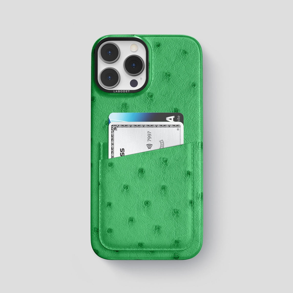 Kentucky Green iPhone 14 Pro Max Card Case Ostrich with Black Metal -1 | Kentucky-Green-Black