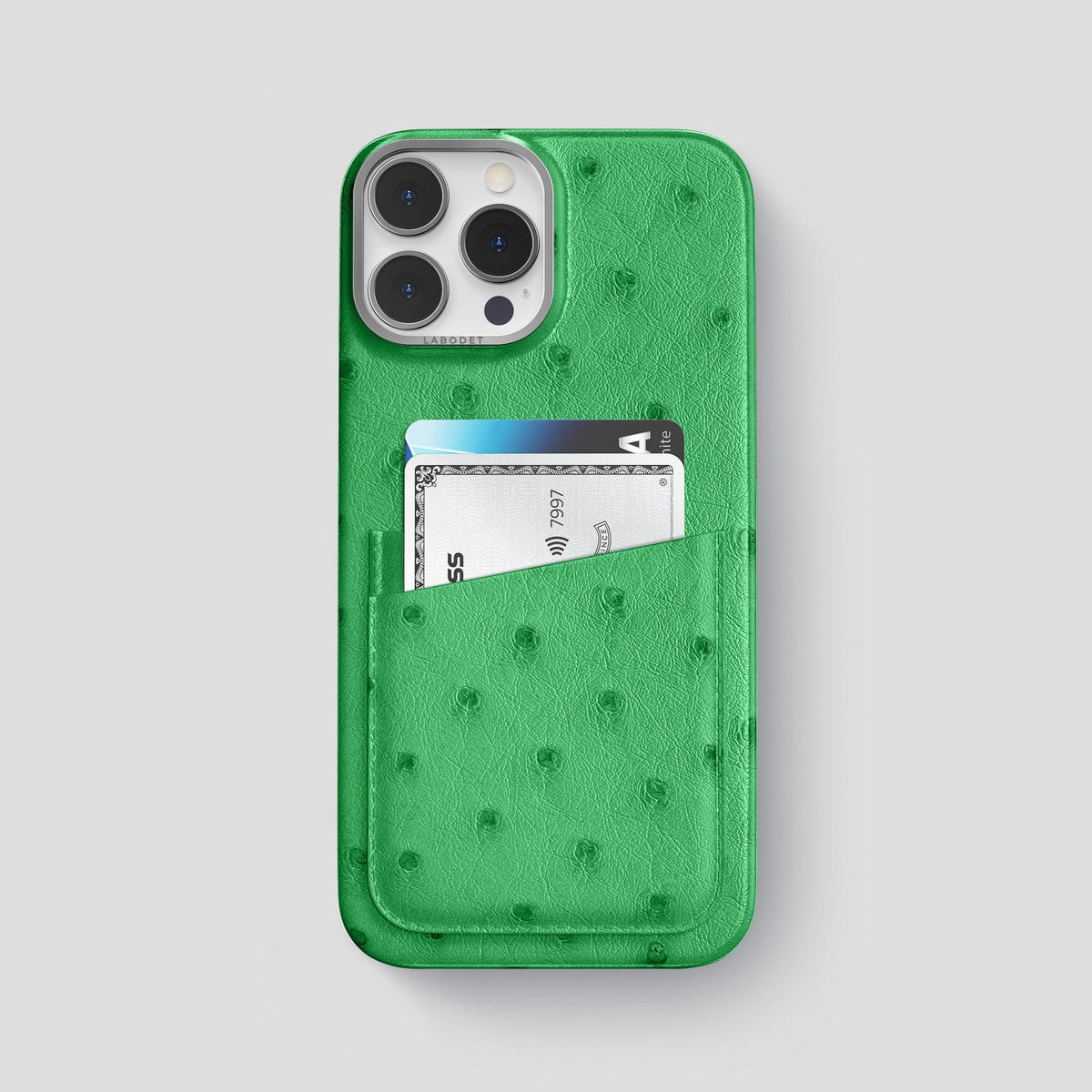 Kentucky Green iPhone 14 Pro Max Card Case Ostrich with Steel Metal -1 | Kentucky-Green-Steel