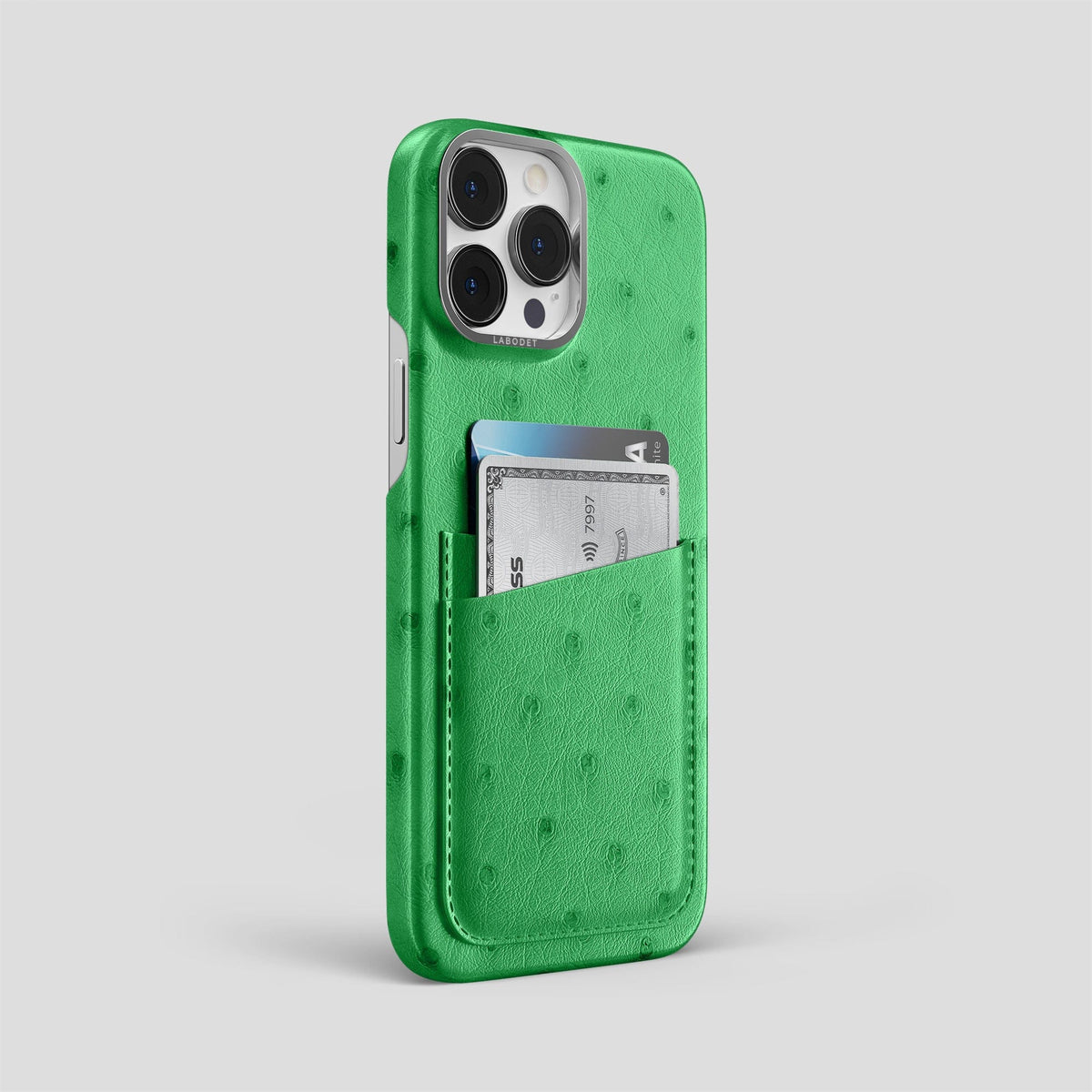 Kentucky Green iPhone 14 Pro Max Card Case Ostrich with Steel Metal -2 | Kentucky-Green-Steel
