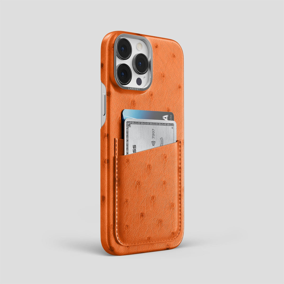 Medium-Brown iPhone 14 Pro Max Card Case Ostrich with Steel Metal -2 | Medium-Brown-Steel