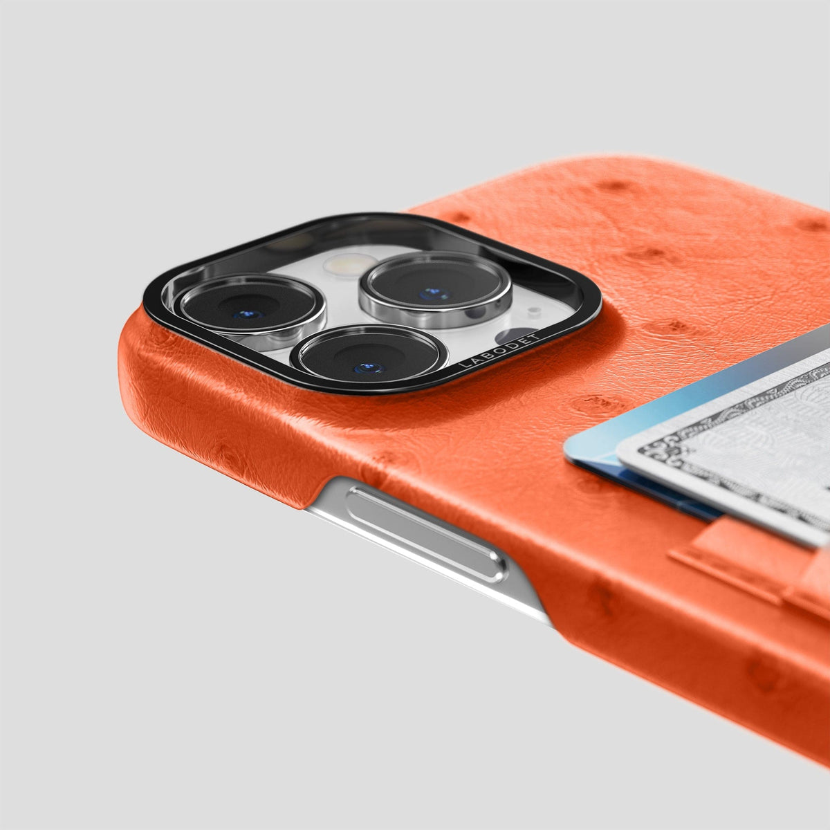 Orange iPhone 14 Pro Max Card Case Ostrich with Black Metal -5 | Orange-Black