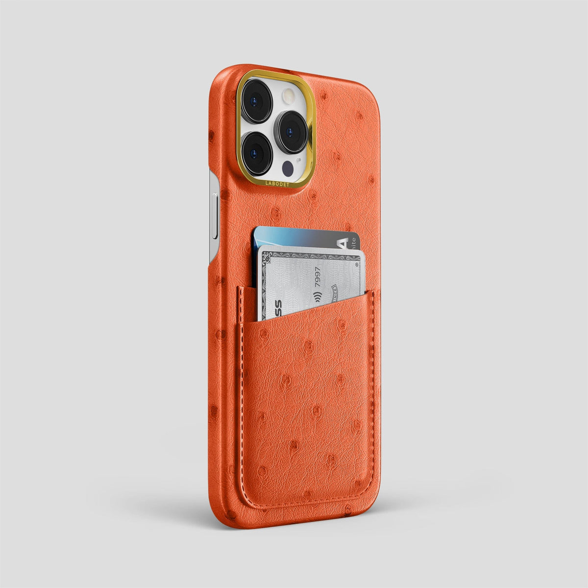 Orange iPhone 14 Pro Max Card Case Ostrich with Gold Metal -2 | Orange-Gold