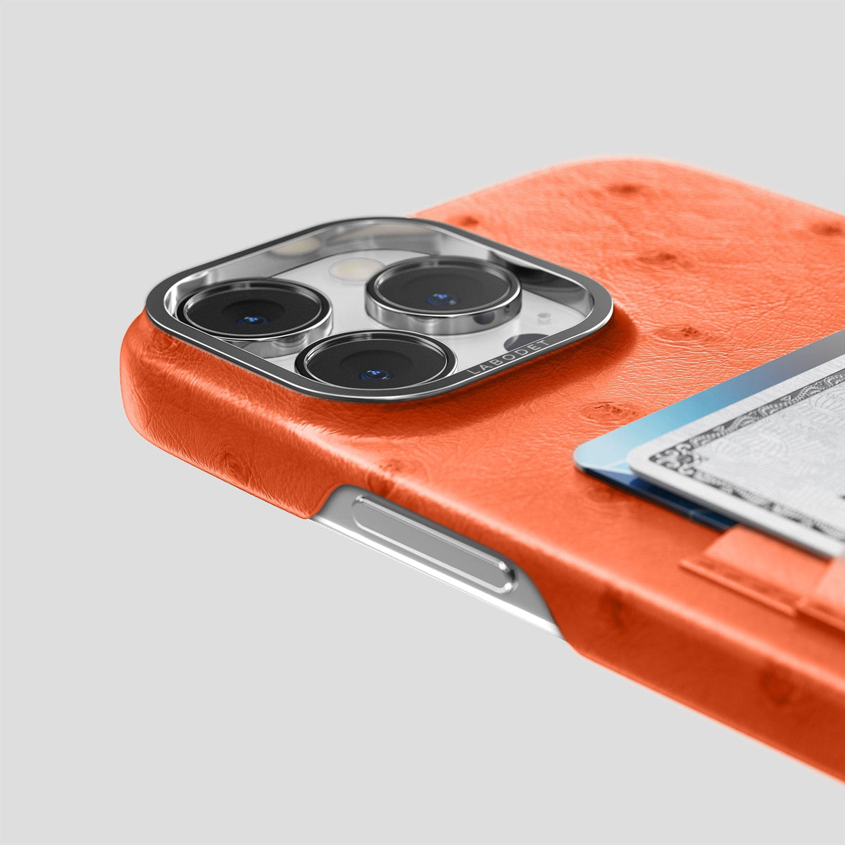 Orange iPhone 14 Pro Max Card Case Ostrich with Steel Metal -5 | Orange-Steel