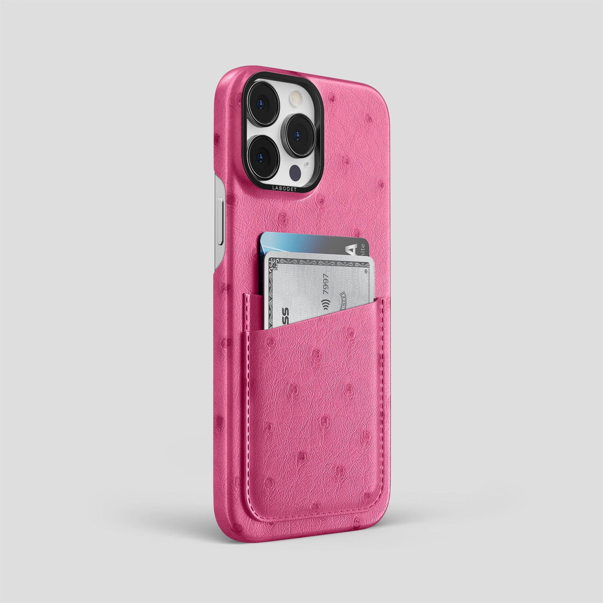 Petal Pink iPhone 14 Pro Max Card Case Ostrich with Black Metal -2 | Petal-Pink-Black