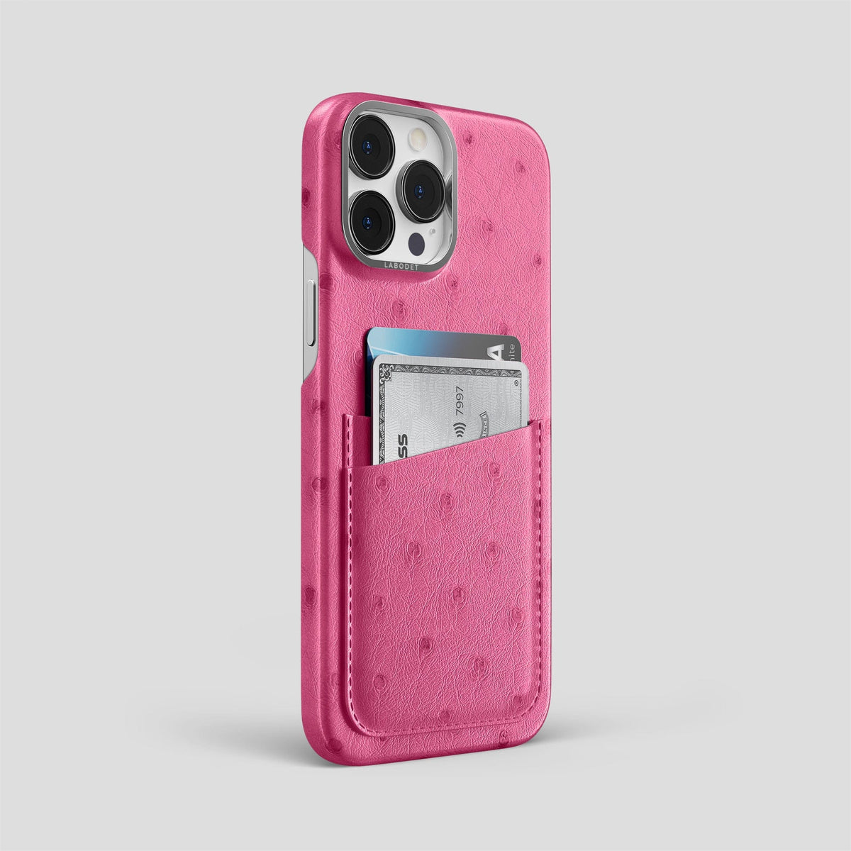Petal Pink iPhone 14 Pro Max Card Case Ostrich with Steel Metal -2 | Petal-Pink-Steel