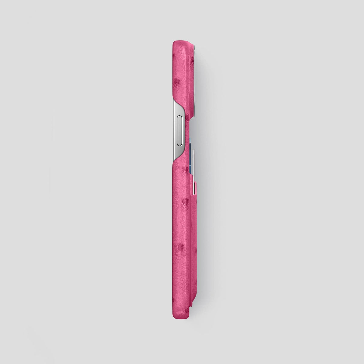 Petal Pink iPhone 14 Pro Max Card Case Ostrich with Steel Metal -3 | Petal-Pink-Steel