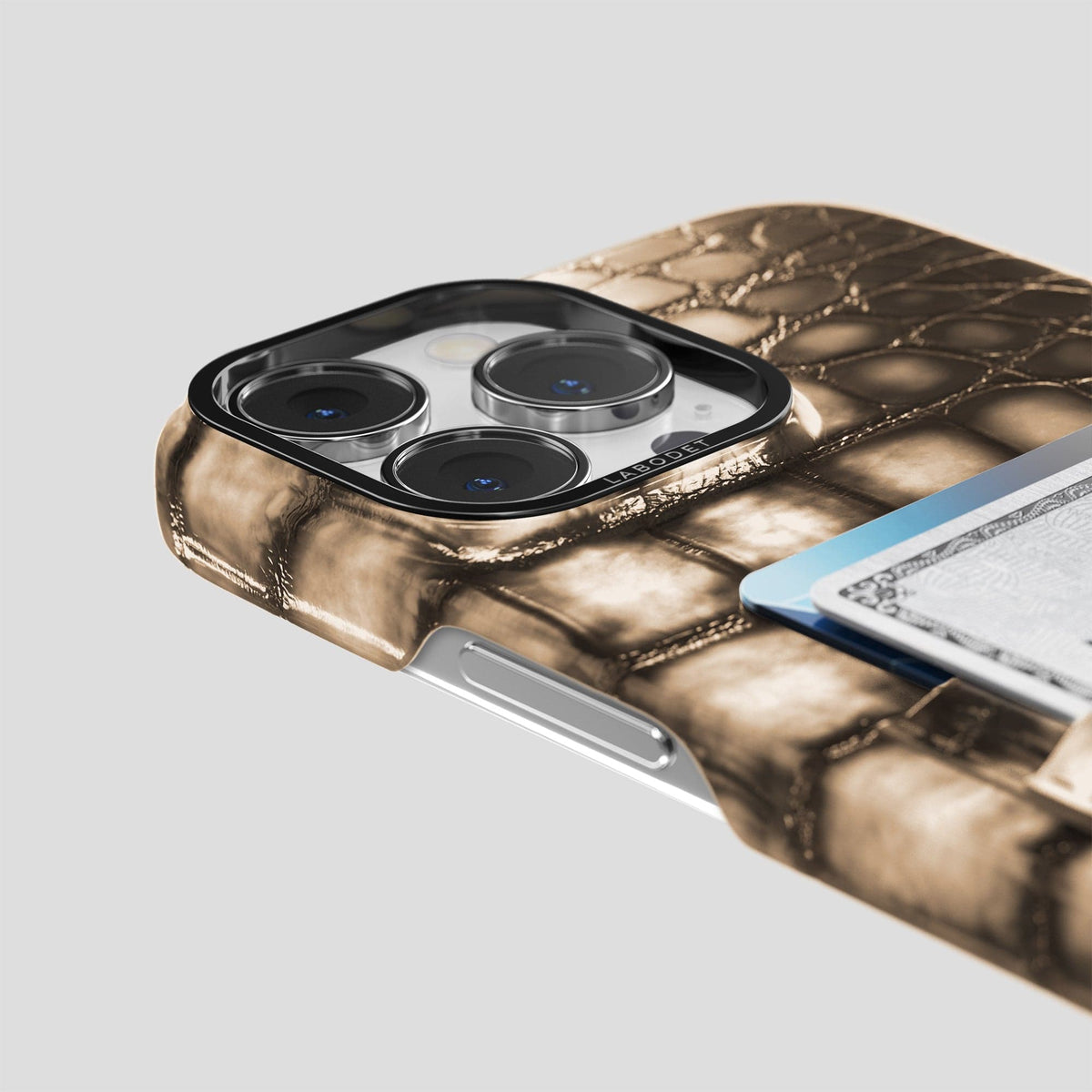 Etoupe iPhone 14 Pro Max Double Card Case Patina Alligator with Black Metal -5 | Etoupe-Black
