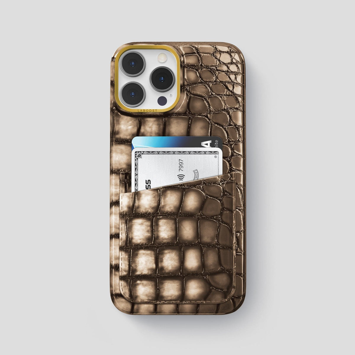 Etoupe iPhone 14 Pro Max Double Card Case Patina Alligator with Gold Metal -1 | Etoupe-Gold