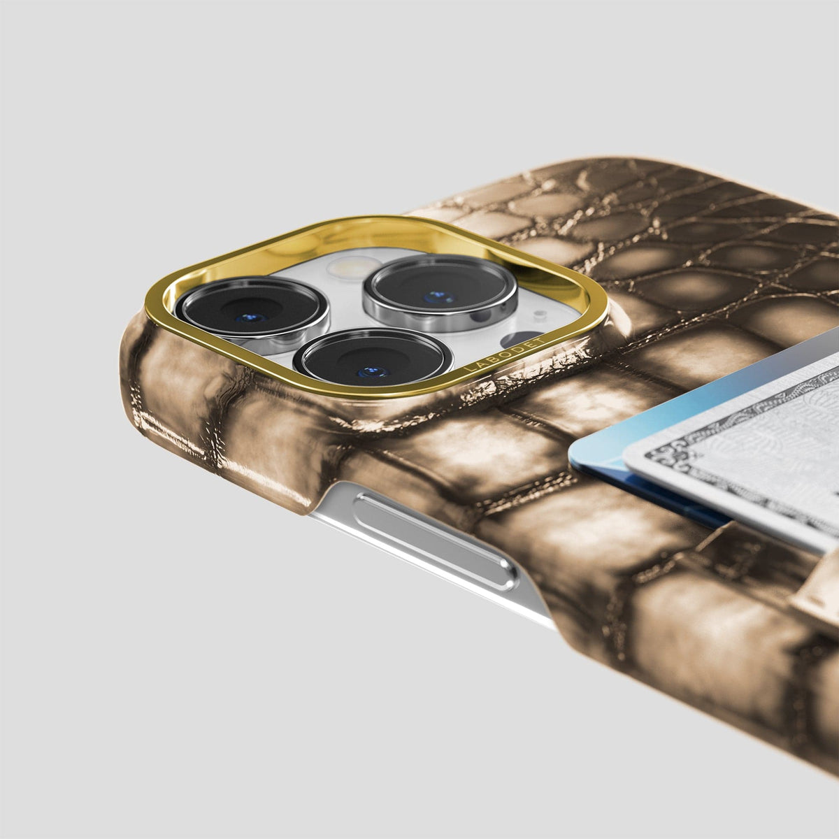 Etoupe iPhone 14 Pro Max Double Card Case Patina Alligator with Gold Metal -5 | Etoupe-Gold
