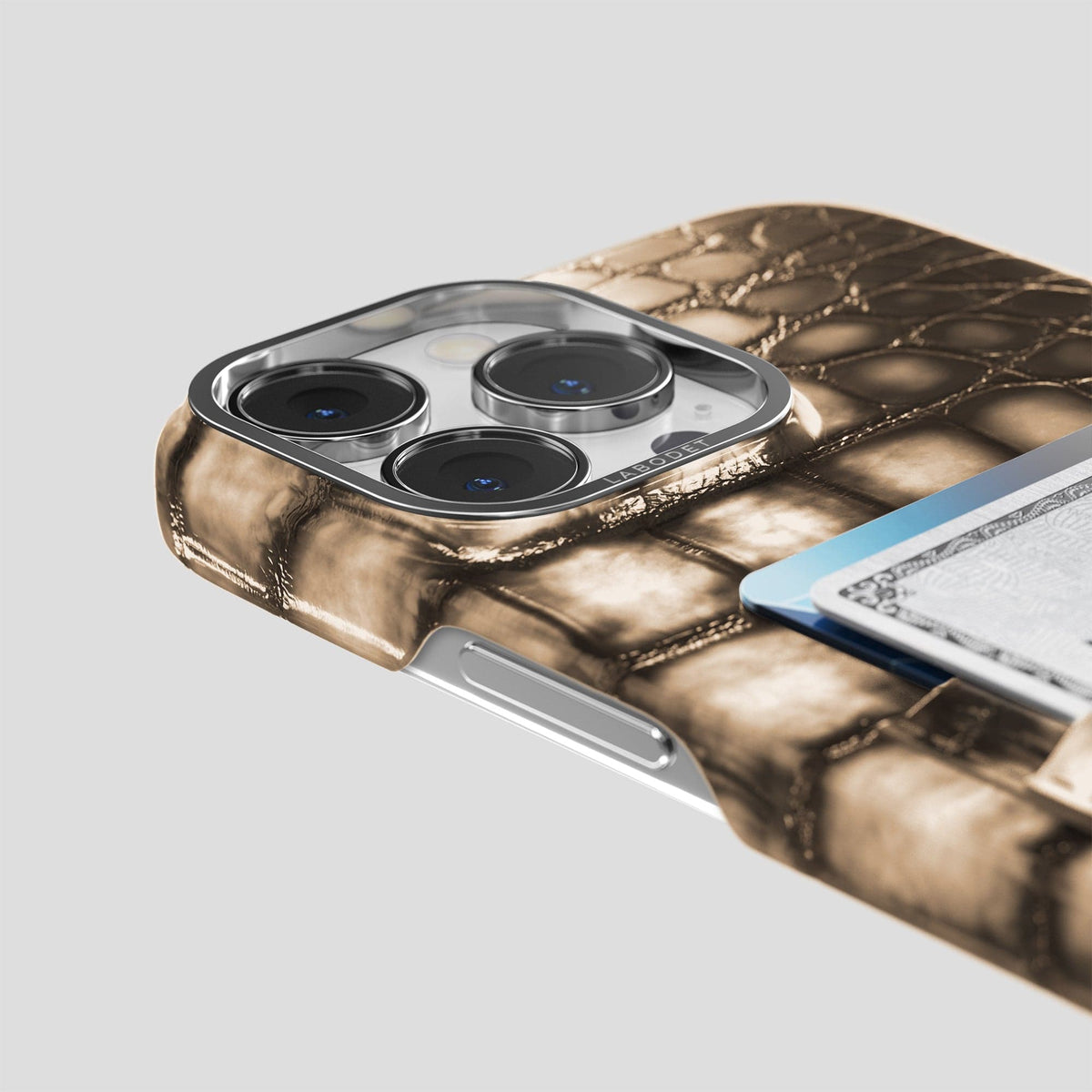 Etoupe iPhone 14 Pro Max Double Card Case Patina Alligator with Steel Metal -5 | Etoupe-Steel