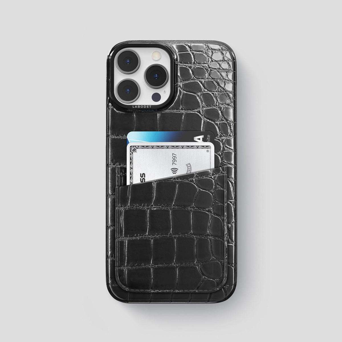 Havana-Black iPhone 14 Pro Max Double Card Case Patina Alligator with Black Metal -1 | Havana-Black-Black