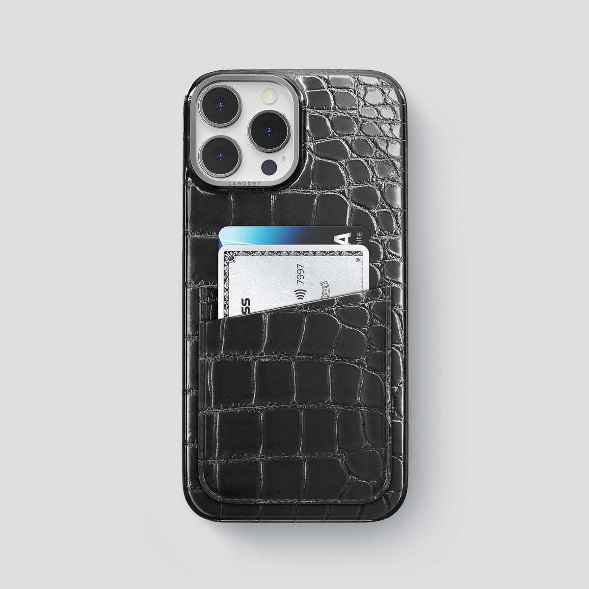 Havana-Black iPhone 14 Pro Max Double Card Case Patina Alligator with Steel Metal -1 | Havana-Black-Steel