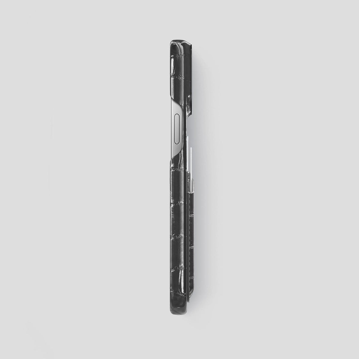 Grey iPhone 14 Pro Max Double Card Case Patina Alligator with Black Metal -3 | Grey-Black