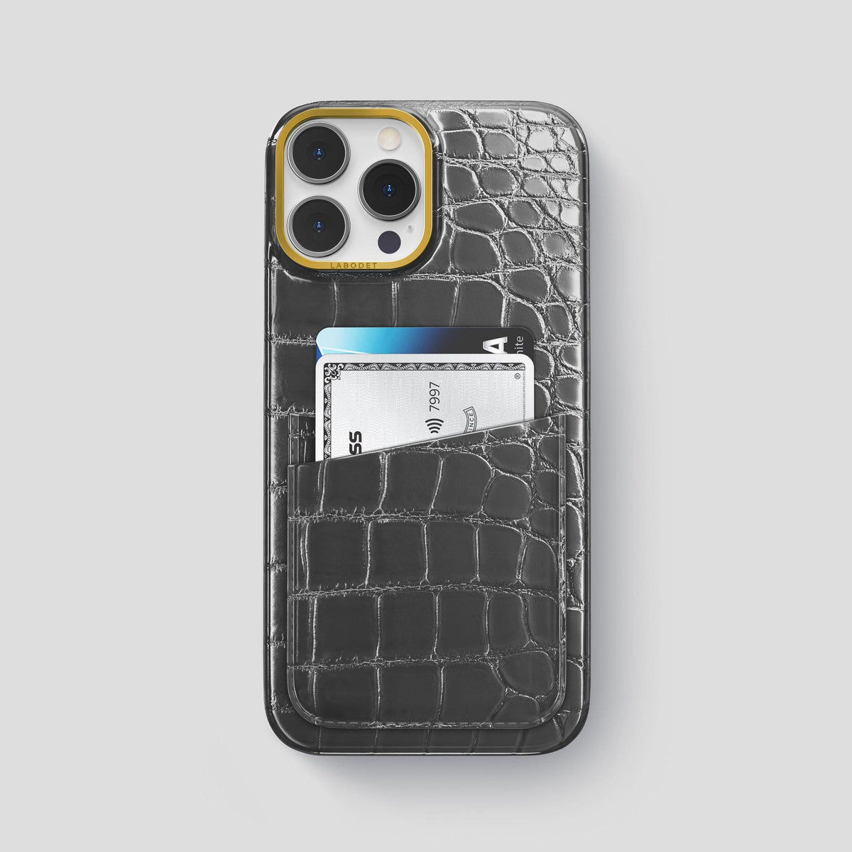 Grey iPhone 14 Pro Max Double Card Case Patina Alligator with Gold Metal -1 | Grey-Gold