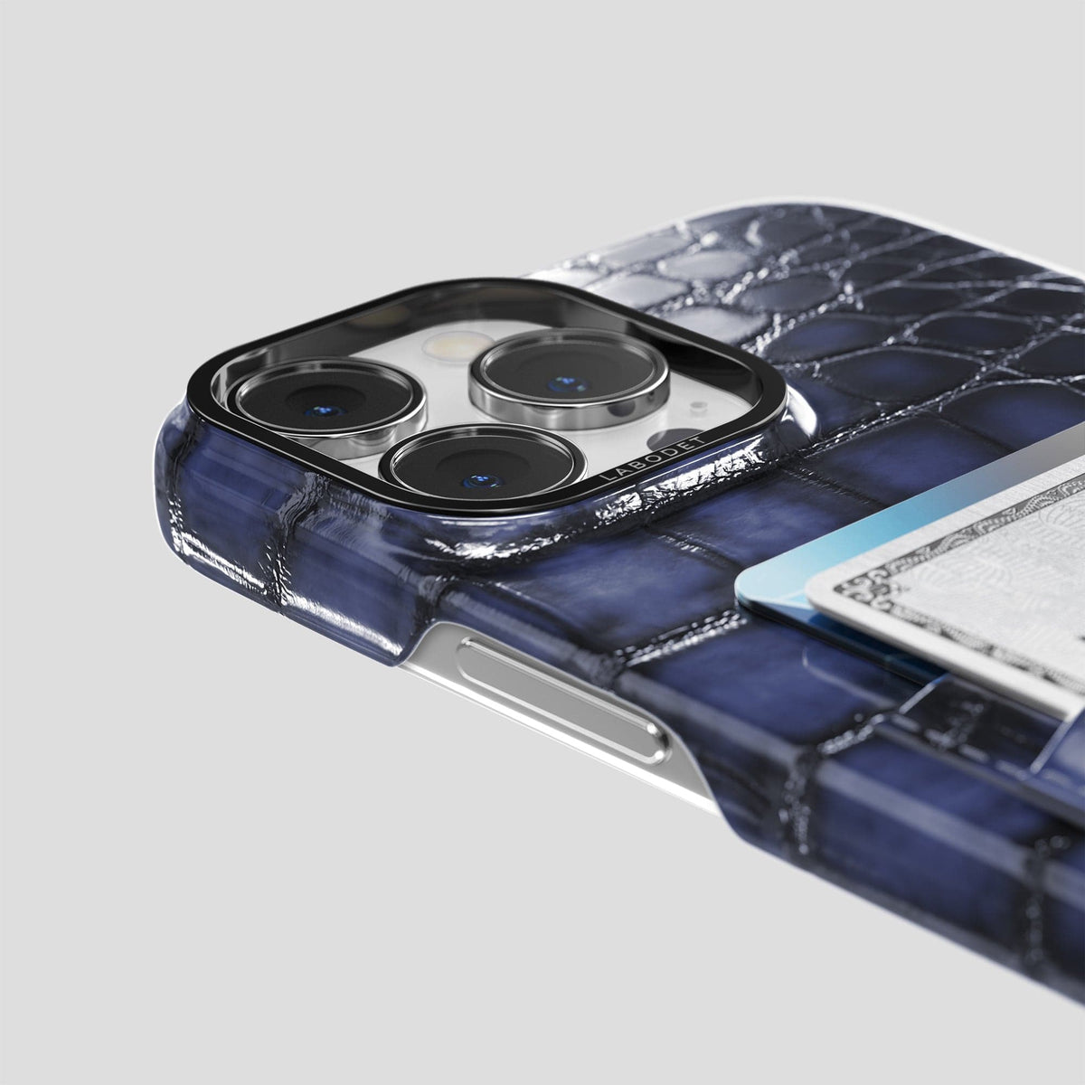 Havana-Blue iPhone 14 Pro Max Double Card Case Patina Alligator with Black Metal -5 | Havana-Blue-Black