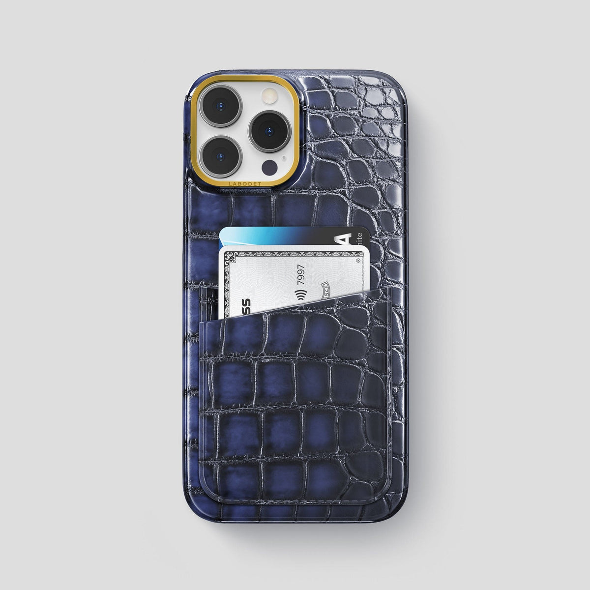 Havana-Blue iPhone 14 Pro Max Double Card Case Patina Alligator with Gold Metal -1 | Havana-Blue-Gold