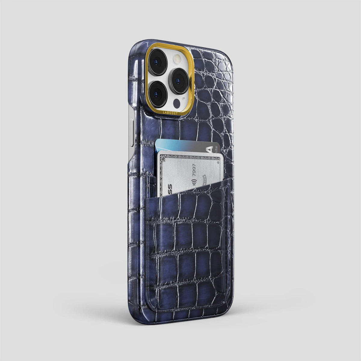 Havana-Blue iPhone 14 Pro Max Double Card Case Patina Alligator with Gold Metal -2 | Havana-Blue-Gold