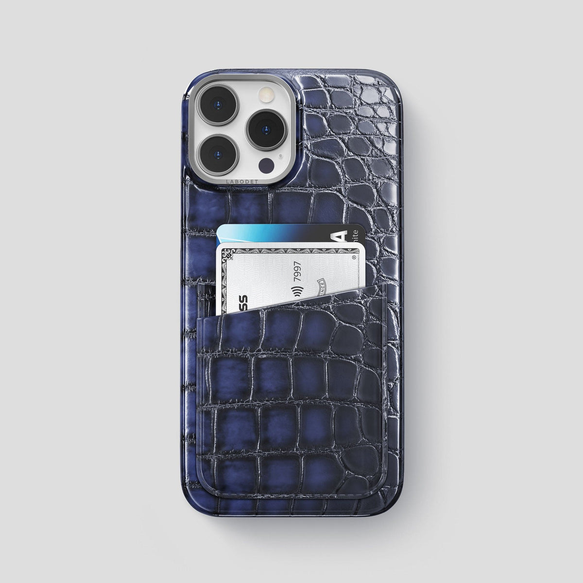 Havana-Blue iPhone 14 Pro Max Double Card Case Patina Alligator with Steel Metal -1 | Havana-Blue-Steel